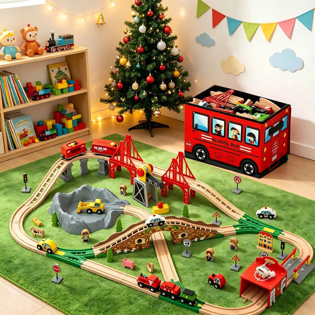 112-Piece Wooden Train Set for Kids Ages 3-7, Electric Motorized Train Tracks with Folding Storage Box, Mountain Tunnel, Bridge, Vehicles & Accessories, Compatible with Major Brands