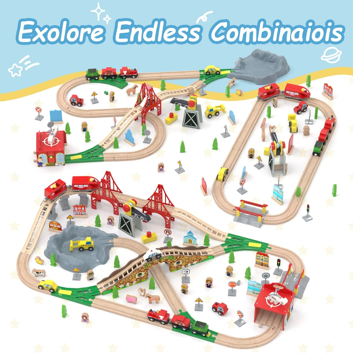112-Piece Wooden Train Set for Kids Ages 3-7, Electric Motorized Train Tracks with Folding Storage Box, Mountain Tunnel, Bridge, Vehicles & Accessories, Compatible with Major Brands