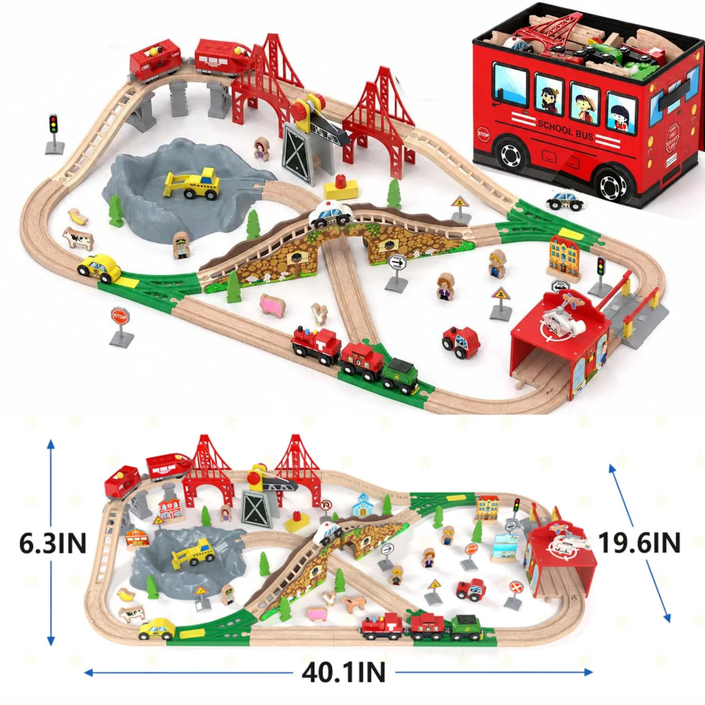 112-Piece Wooden Train Set for Kids Ages 3-7, Electric Motorized Train Tracks with Folding Storage Box, Mountain Tunnel, Bridge, Vehicles & Accessories, Compatible with Major Brands